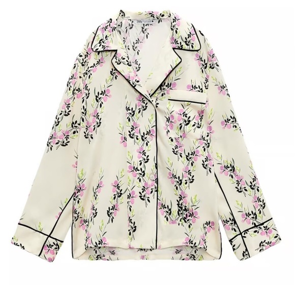 Zara Ecru Printed Piped Shirt Button Up Floral Blouse Women’s - Picture 1 of 8